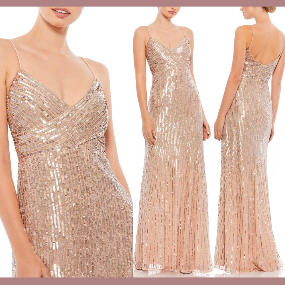 NWT$498 Mac Duggal [ 6 ] V Neck Sequin Spaghetti Strap Gown 10817 Gold/Rose J151